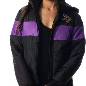The Wild Collective Women's Minnesota Vikings Black Hooded Puffer Jacket